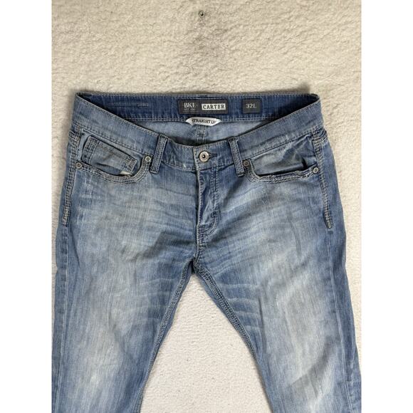 Buckle BKE Carter Jeans Mens 32L 32x32 Blue Straight Distressed Thick Stitch - Picture 2 of 16